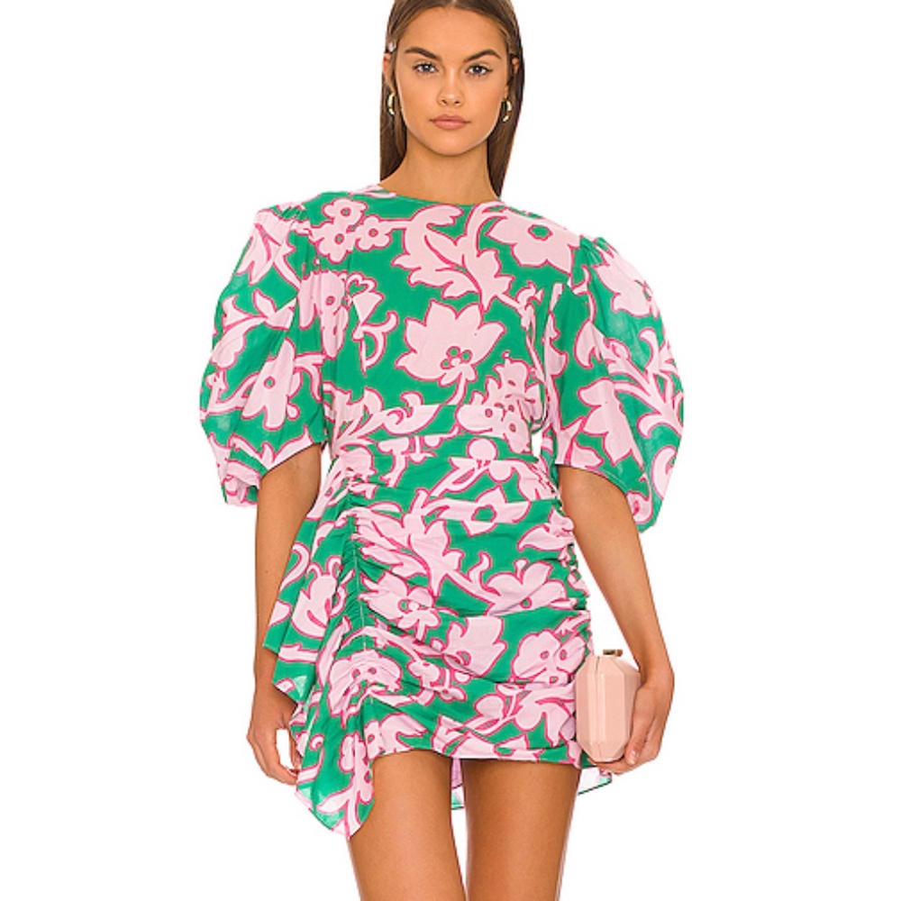 RHODE Pia Dress Take It Easy Green Floral Tropical Print Size Medium Pink Ruffle